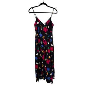 1980s Lanz Black Sundress Spaghetti Shoulder Straps Rainbow Floral Print